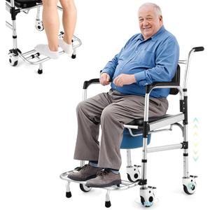 Enlarged Rolling Shower Chair: 4-in-1 Bariatric Commode Chair for Elderly, Post-op, Adjustable Shower Wheelchair with Safety Locking Wheels & Anti-tilt Footrest, Heavy Duty 350lbs