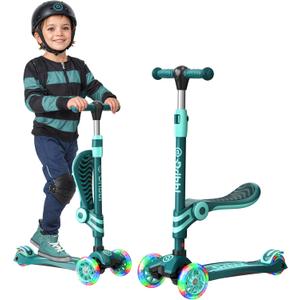 Aqua 3 Wheel Scooter with Seat for Kids, Light-Up Wheels, Adjustable Lean to Steer Handlebar and Seat, Smooth Wheels, Wide No-Slip Deck, Rear Foot Brake, Toddler Outdoor Toys for Ages 2+