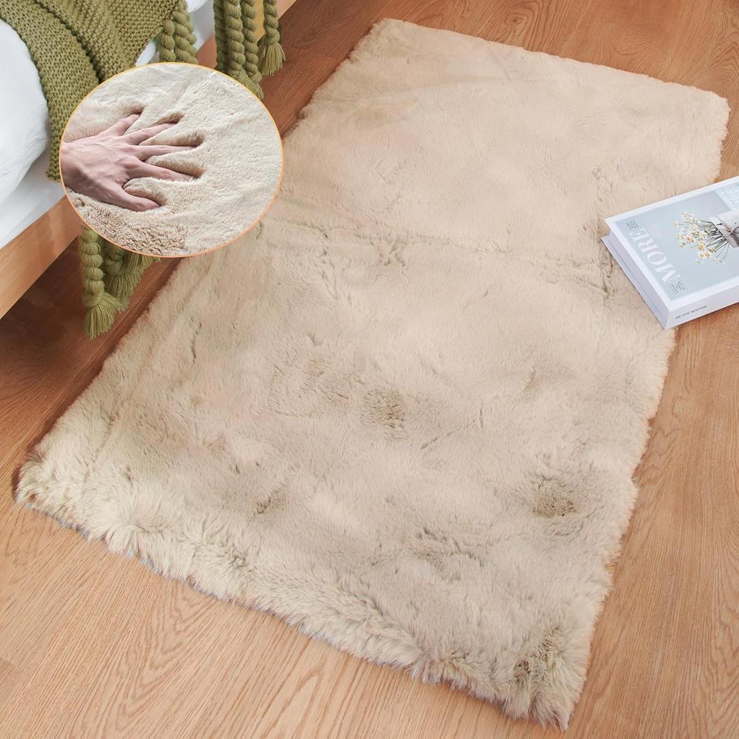 Beige Plush Faux Rabbit Shaggy Fur Rugs for Bedroom Small Shag Washable Fluffy Fur Rug for Living Room Fuax Sheepskin Rug 2x3 Nursery Rectange Rugs