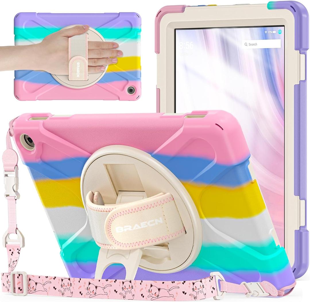 BRAECNstock Kids Case for Amazon Fire HD 10 Tablet 13th Gen 2023 Shockproof Protective Kindle Fire HD 10 Case with Screen Protector Rotating Hand Strap+Stand Shoulder Strap Pen Holder - Colorful Pink