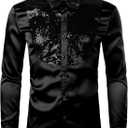 ZEROYAA Men's Shiny Sequins Design Silk Like Satin Button Up Disco Party Dress Shirts (Medium)