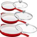 Bruntmor Enameled Cast Iron Skillet Set of 3-8, 10, and 12-Inch Non Stick Frying Pans with Tempered Glass Lids - Versatile Cast Iron Cookware Set for Casserole - Grill Pan for All Stovetops - Red
