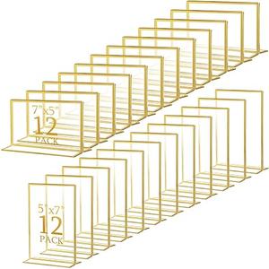 Hoteam 24 Pack 5 x 7 Clear Acrylic Sign Holder with Gold Borders, Gold Picture Frame, Double Sided Wedding Table Number, Acrylic Menu Stands for Wedding Table, Restaurant Sign, Photos Display