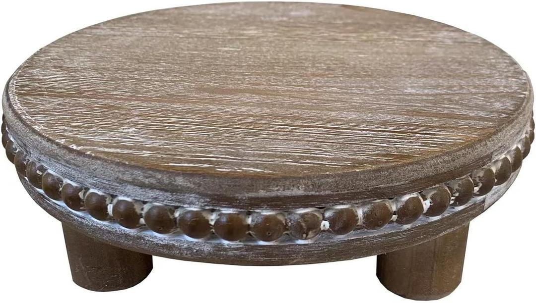 Farmhouse Beaded Wood Pedestal Tray Decor, 7.6 Round Vintage Display Stand, Decorative Accent Display Riser For Farmhouse Kitchen, Bathroom (Natural)
