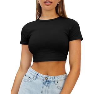WYNNQUE Womens Crop Tops Cute Summer Scoop Neck Basic Tees Slim Fit Trendy Short Sleeve T Shirts for Teen Girls 2025 (Medium, Black)
