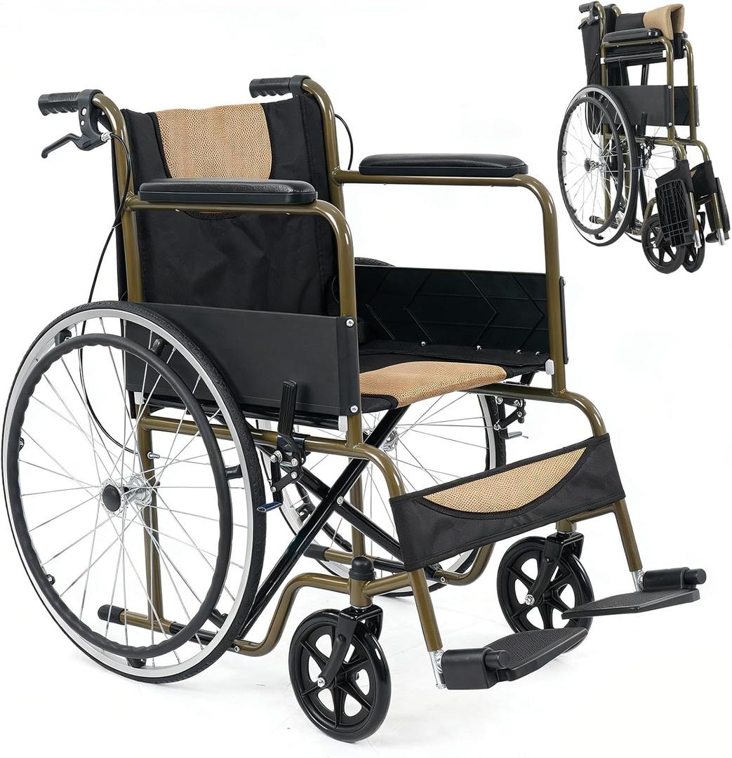 AYIYUN Transport Wheelchair Lightweight Foldable,Wheelchairs for Adults,18” Seat Width and Swing-Away Footrests,Portable Compact Folding Travel Wheelchair for Senior,Support 264lb