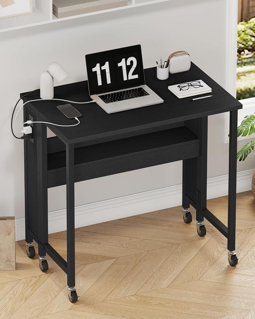 31.5" Modern Folding Computer Desk with Power Outlets, Wheels, Storage, Perfect for Small Spaces Black TDN01UBB