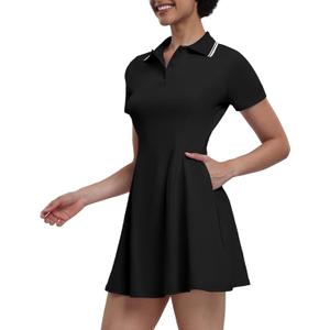 Womens Tennis Dresses Golf Dress Short Sleeve with Shorts Workout Athletic Dress (Large, 10 Black)