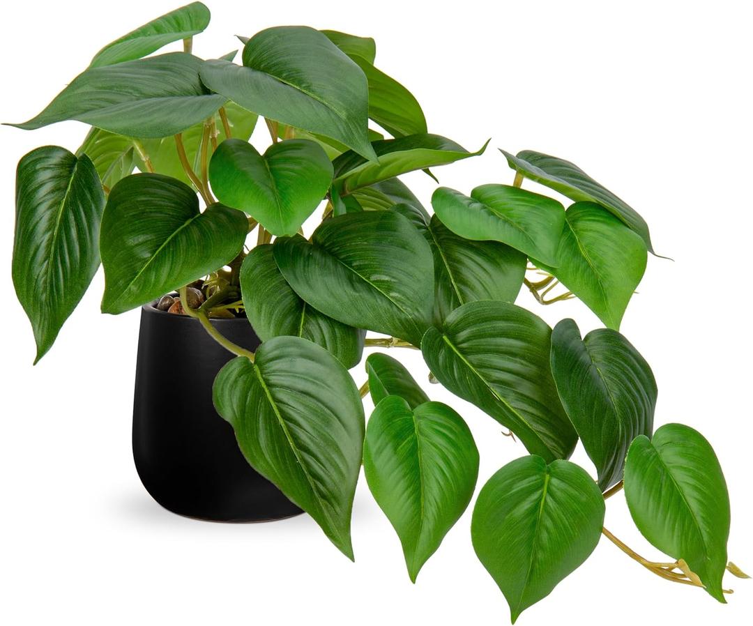 DILATATA Fake Plants Indoor 8 Inch Artificial Pothos Plant in Black Ceramic Pot - Faux Potted Pothos Plant for Home Aesthetic Decor Living Room Shelf Office