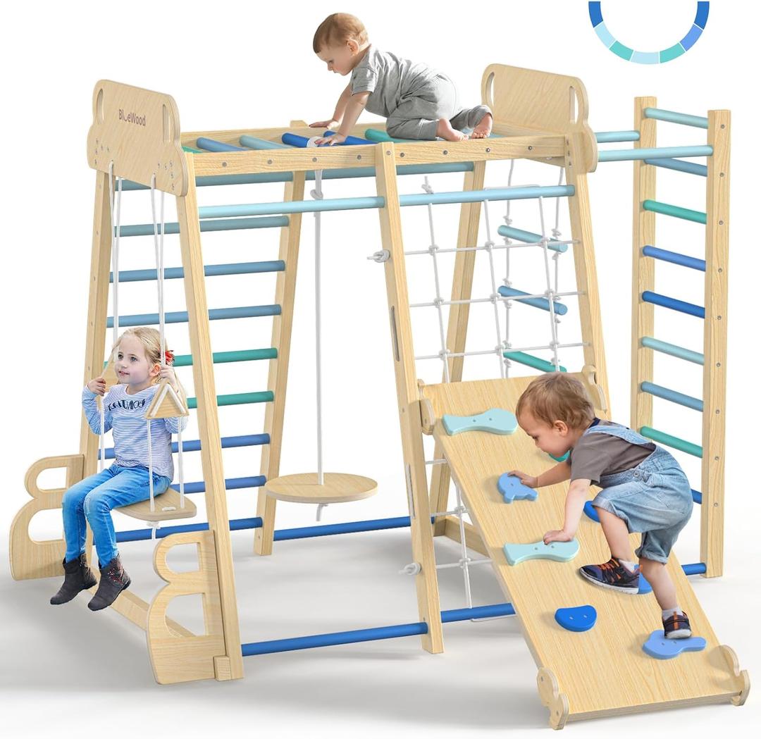BlueWood Upgraded Indoor Jungle Gym 9-in-1 Playground Kids Climbing Toys, Waldorf Style Wooden Climber Playset with Slide, Swing, Monkey Bars, Upright/Rope Ladder, Climb Net, Blue, Large