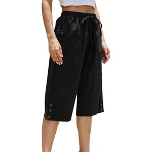 Women Pocket Pants Lightweight Wide Leg Drawstring Elastic Waist Yoga Lounge Cropped Pants (Large, Black)