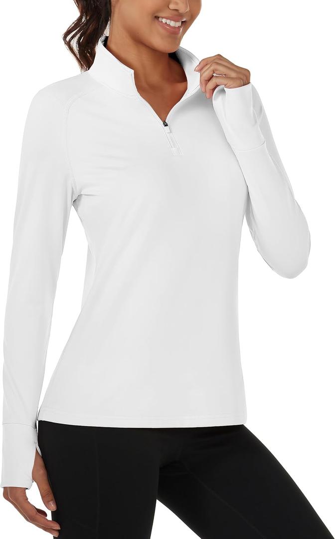 MAGCOMSEN Quarter Zip Pullover Women Fleece Shirt Thermal Long Sleeve Athletic Running Tops Thumb Hole (Small, White)