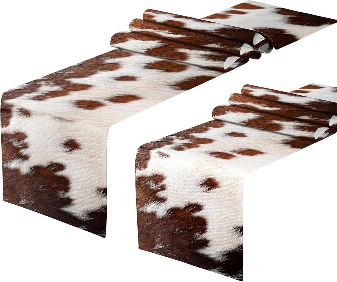 2 PCS Linen Cow Print Table Runner 71 x 13'' Farmhouse Western Brown and White Cowhide Table Runner Rustic Coffee for Birthday Home Kitchen Decorations