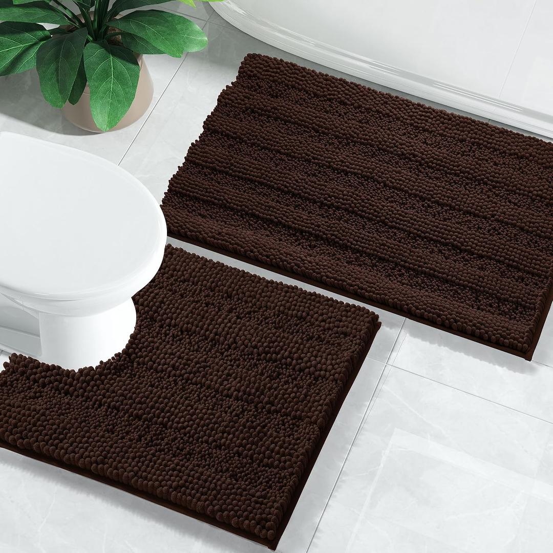 Yimobra Bathroom Rugs Sets 2 Piece, Soft Absorbent Chenille Bath Mat and U-Shaped Toilet Rug, Non Slip Machine Washable Quick Dry, Plush Shower Rugs for Bathroom Floor, 24"x17"+24"x20", Brown
