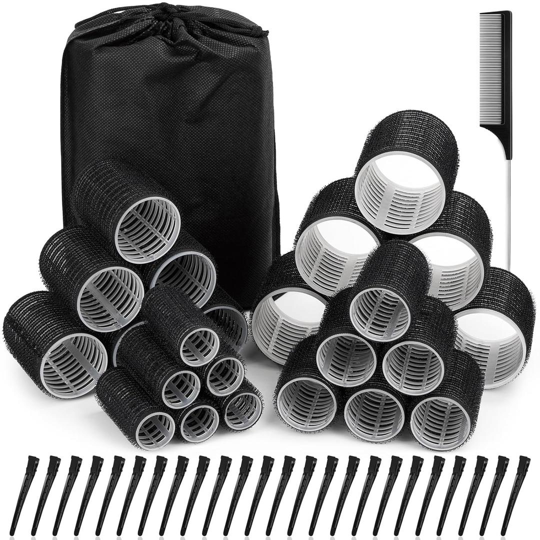 50 Pcs Rollers Hair Curlers Set with 24Pcs Self Grip Hair Rollers 4 Sizes and 24 Pcs Clips for Blowout Look Long Medium Short Thick Hair Volume (1 Count (Pack of 50), Black)