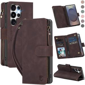 for Samsung Galaxy S25-Ultra-Wallet Case: with RFID Blocking Card Slots (6 Cards) | Soft PU Leather Magnetic Snap Zipper Pocket | Crossbody Wrist Strap Protective Phone Cover - Coffee
