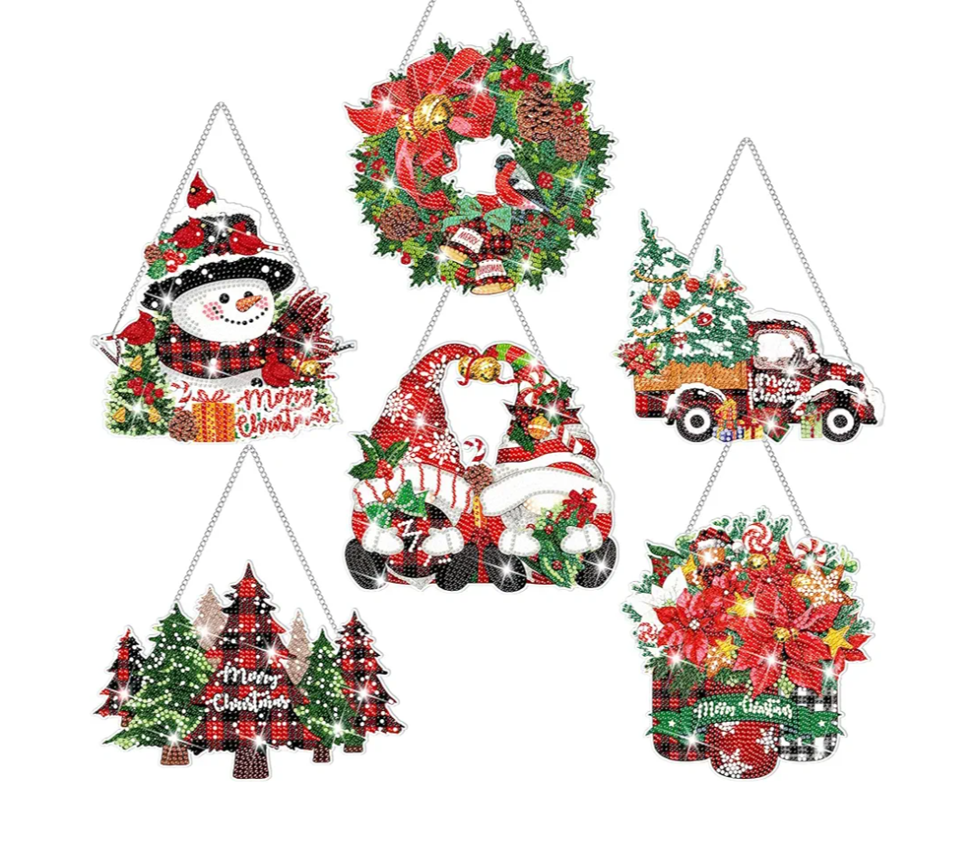 Zonon 6 Pcs Christmas Diamond Painting Hanging Sign Set Green 5d Diamond Art Set for Adults DIY Art Pendant Ornaments Kits Acrylic Merry Christmas Tree Wreath Truck for Wall Window Decor