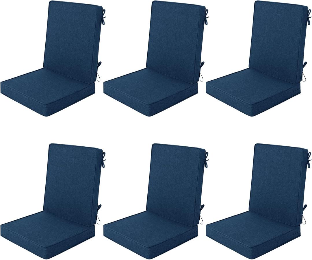 Outdoor Chair Cushions 20x20, Water-Resistant & Fade-Resistant, Patio Furniture Lawn Dining Chair Seat Replacement with High Back, Ties Zipper, Removable Cover, Set of 6, Navy Blue, 20" x 20" 6 Pack