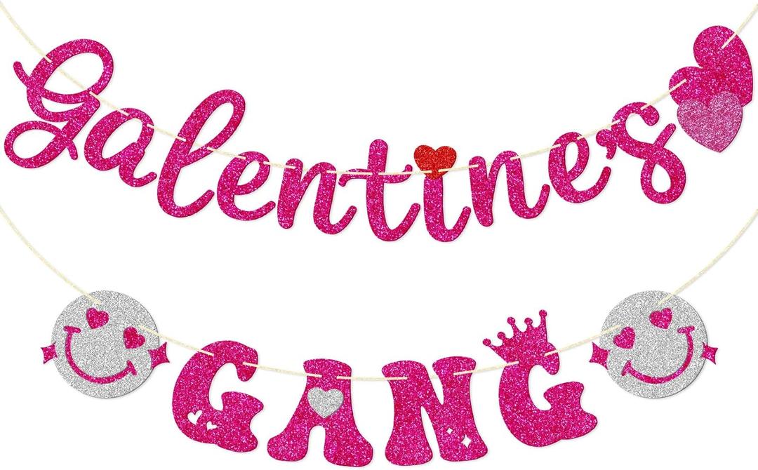 Galentine's Gang Banner, Pre-strung Valentine's Day Banner for girls, Galentine's Day Decorations, Pink Glitter