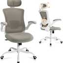 Ergonomic Office Chair with Adjustable Lumbar Support & Headrest, High Back Mesh Desk Chair with Flip-Up Armrests, Breathable & Comfortable Computer Chair for Home, Office & Study –Khaki