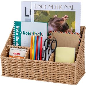 DINGTAI Rattan Desk Organizer, Tabletop Mail Holder, 5 Slot Mail Organizer Countertop Basket, Rattan Office Supplies, Boho Office Desk Accessories, Wicker Desk Organizer, Magazine Holder , Wicker