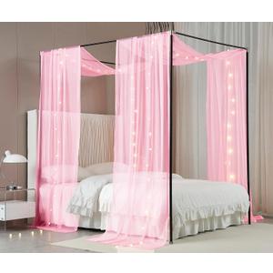 Akiky Canopy Bed Curtains with Light Princess Bed Canopy Scarf for Full/Queen Metal Bed Frame,Wood Frame Bed-2 Panel Sheer Curtain(Full/Queen,Pink)