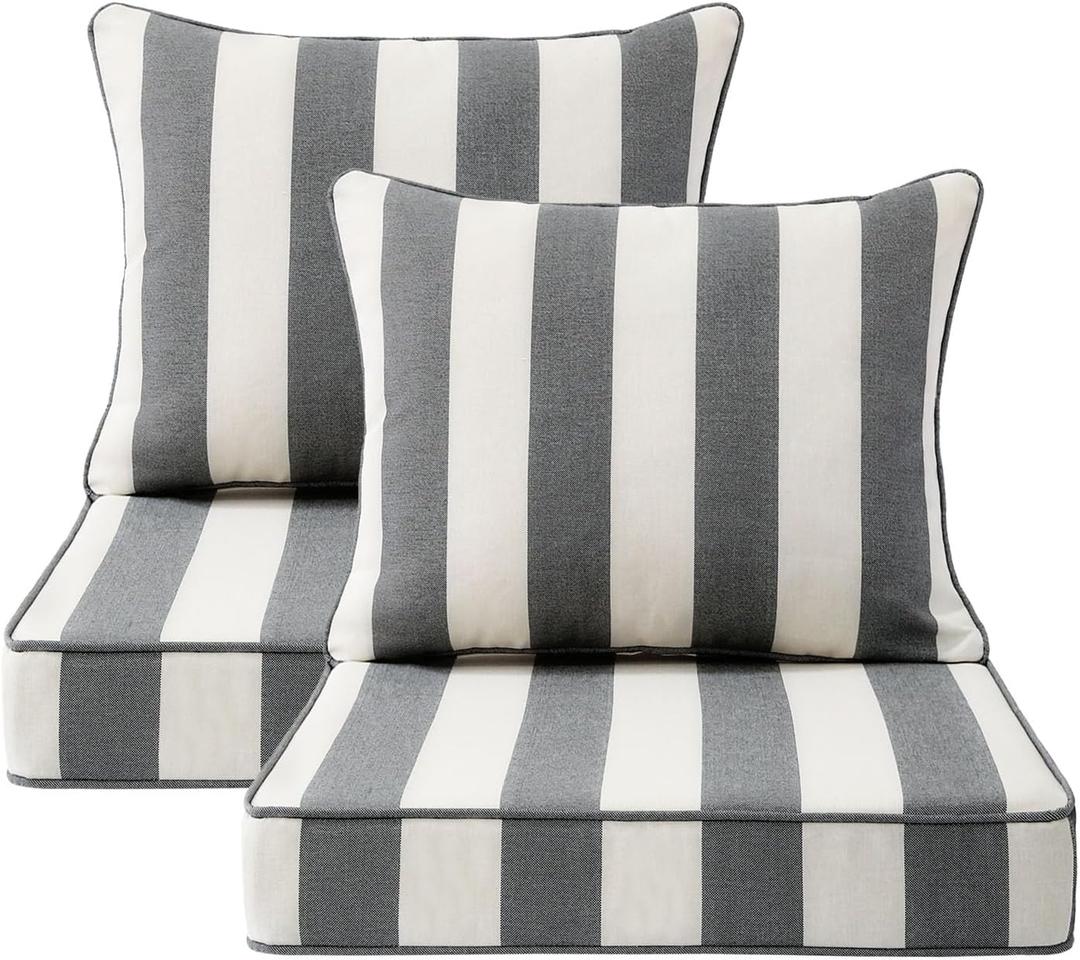 Outdoor Patio Chair Cushions Set, 22" x 22", Set of 2, Water-Repellent, Fade Resistant, Deep Seat Bottom and Back Cushion for Backyard, Couch, Sofa and Patio Furniture, Gray Stripe