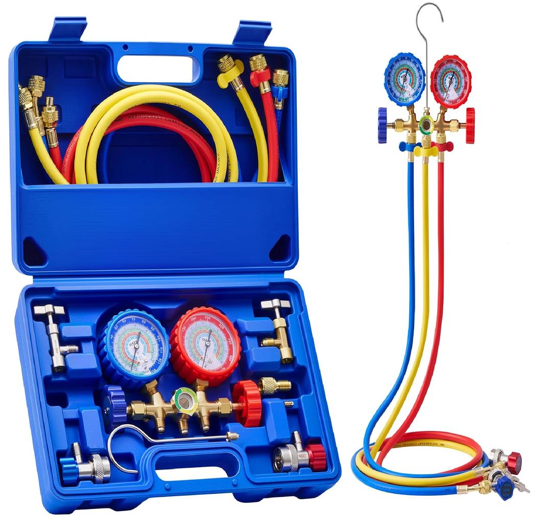 Orion Motor Tech AC Gauge Set, 3-Way AC Manifold Gauge Set for R12 R134a R502 R22 Refrigerant with 5 ft. Hoses, Automotive A/C Gauge with R134a Couplers Self-Sealing & Piercing Can Taps 29 Adapter