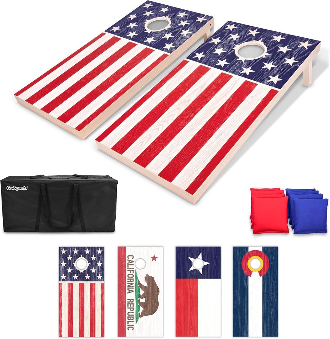 GoSports 4 x 2 ft Flag Series Wood Cornhole Sets American Flag or State Flags Includes 2 Regulation Size Boards, 8 Bean Bags, Carrying Case and Rules