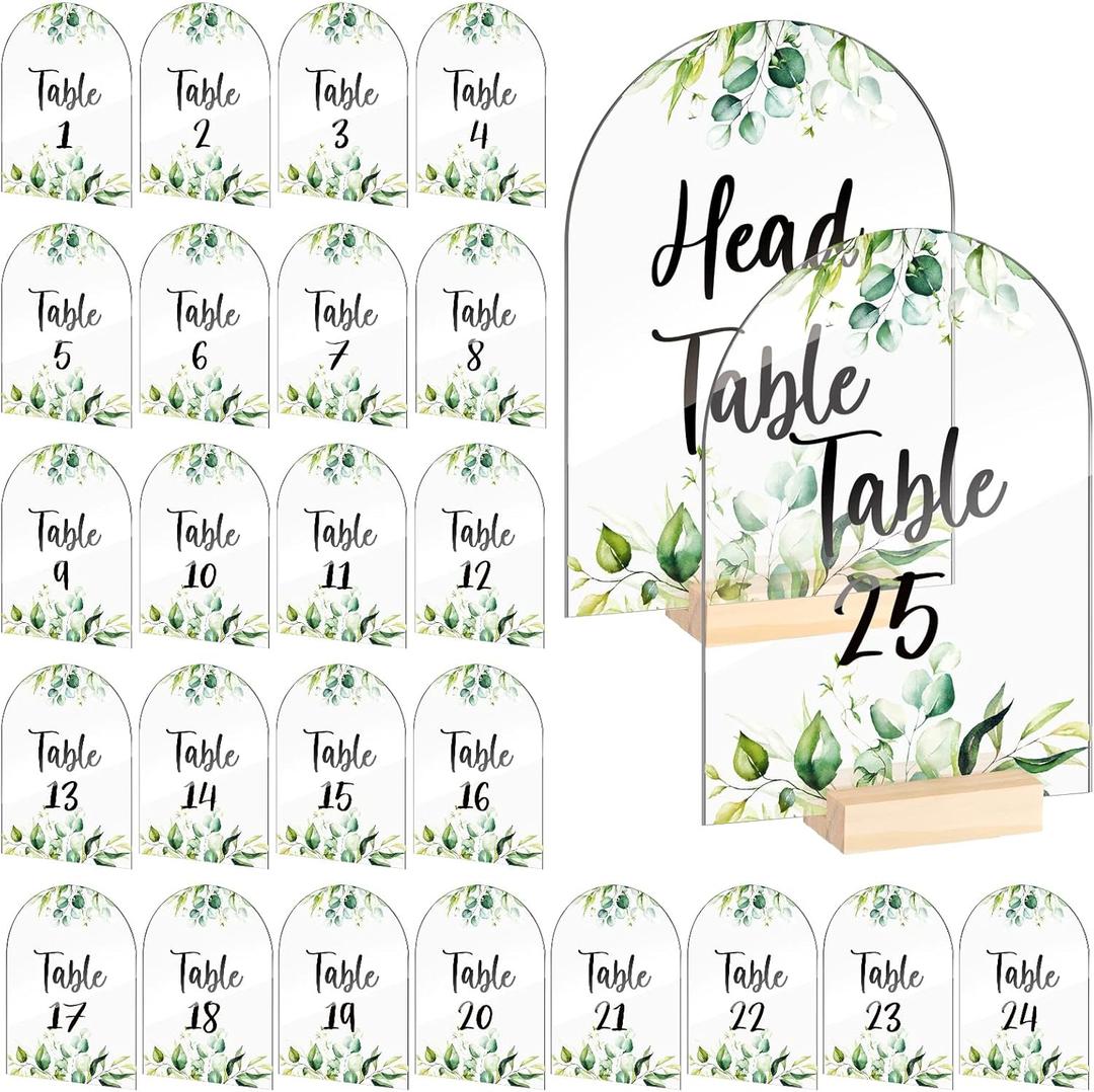 Jetec 26 Pcs Acrylic Wedding Table Numbers 1-25 Printed 4 x 6 Inch Clear Acrylic Table Signs Greenery Floral Arched Place Cards for Wedding Reception Bridal Shower Baby Shower Centerpiece Decor