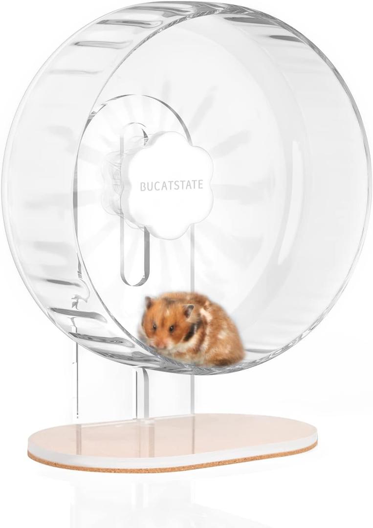 BUCATSTATE Hamster Wheel Super Silent 10.2 Inches, Quiet Spinner Running & Exercise Wheel with Adjustable Stand for Small Animals Gerbils, Dwarf Hamster, Lemmings, Cage Accessories (Transparent)