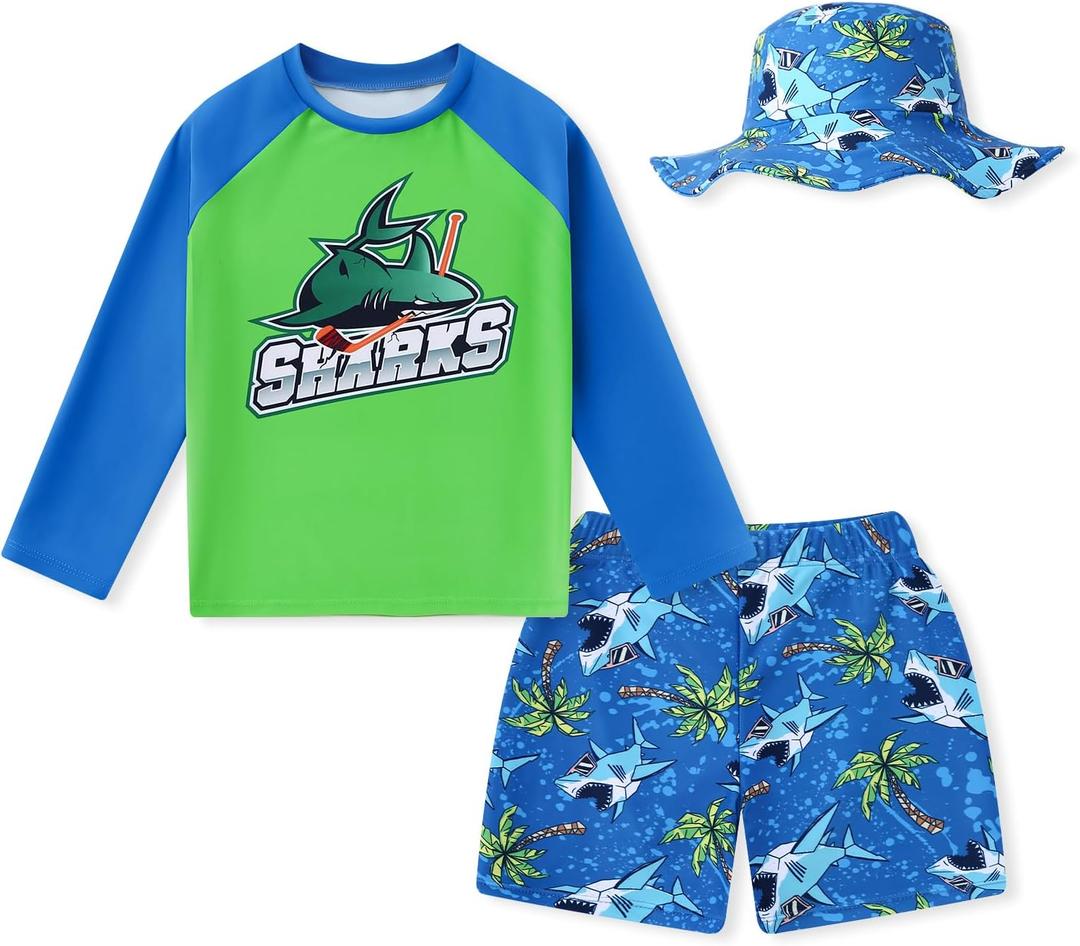Boys Swim Sets Kids Rash Guard Long Sleeve Swimsuits Boys Quick Dry Bathing Suit  (Green, 10-11Y)