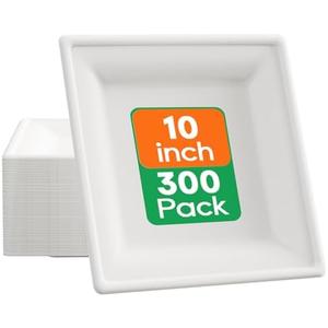 ECOLipak 10 Inch Square Paper Plates, 300 Pack Compostable Heavy Duty Biodegradable Paper Plates, Made from Sugarcane, Eco Friendly White Disposable Plates for Party, Dinner