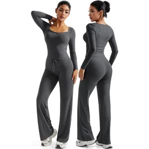 OMKAGI Women's Lounge Set Lace Square Neck Long Sleeve Tops Wide Leg Pants 2 Piece Outfits (X-Small, Dark Grey)