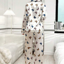 LuxeNights Polyester Butterfly Print Shirt Collar Long Sleeve Top & Pants Pajama Set Cozy And Elegant Details, Fall Large