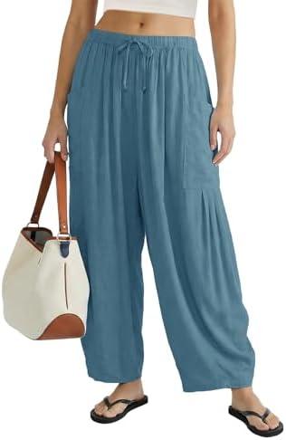 COCOMARTS Womens Linen Wide Leg Palazzo Pants Casual Loose Elastic Drawstring Flowy Pant 2025 Travel Baggy Pocket Harem Pants, Size XS