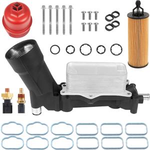 Upgrade Full Aluminum Engine Oil Cooler Filter Housing with Sensors and Gaskets Compatible with 2011-2016 Chrysler 200 300 Dodge Charger Challenger Journey Wrangler Ram ProMaster 3.2L 3.6L (Aluminum Red Cap)