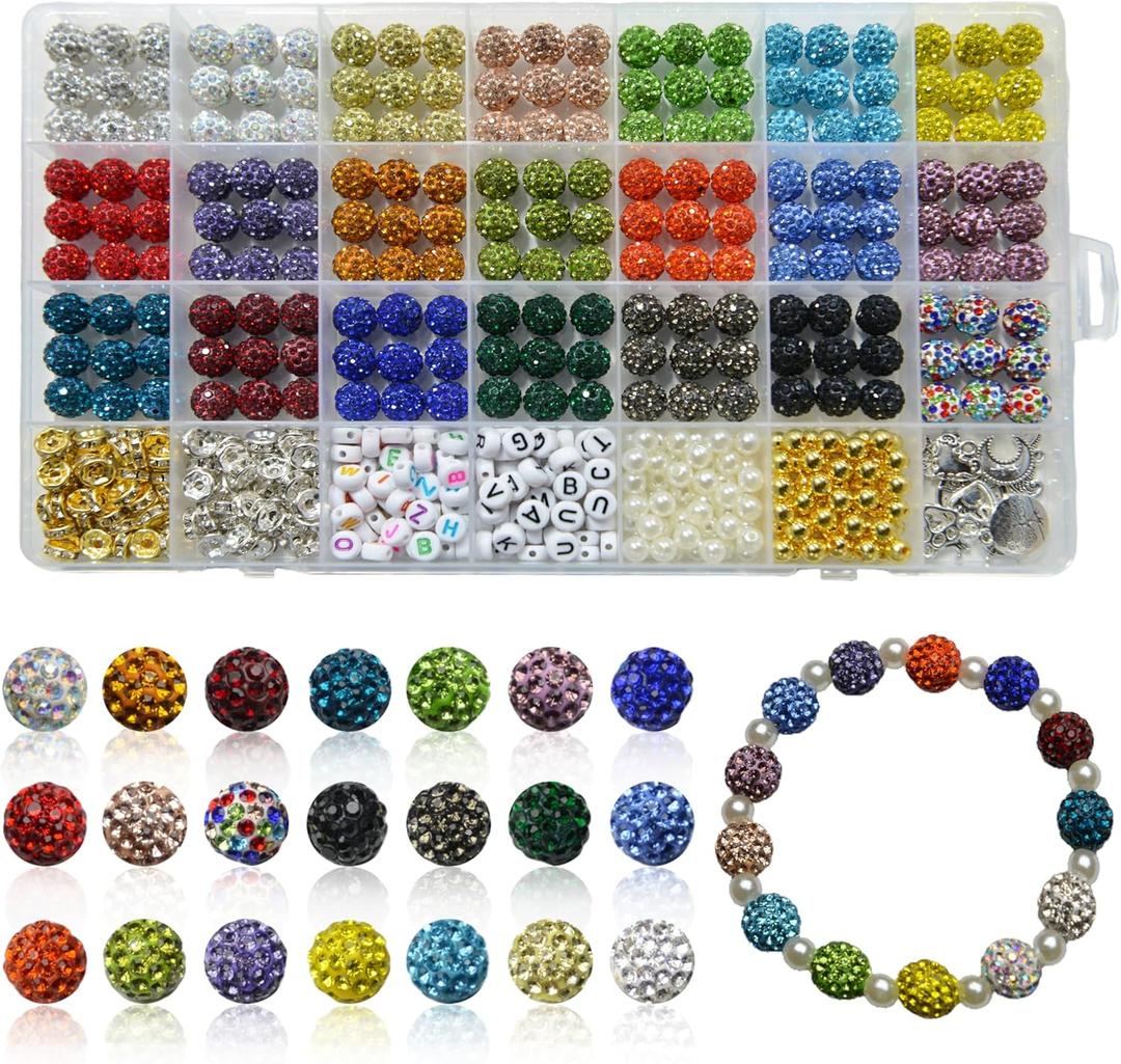 Jukercici 501 Pcs Rhinestone Bead Kit for Bracelet, 10mm Sparkle Clay Crystal Beads for Jewelry Making, 21 Colors Shiny Disco Ball Beads for Crafts Baseball Necklace Keychain Earrings DIY Decoration