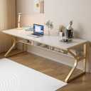 Extra Long Desk with Bookshelf - 71" Double Long Writing Table for 2-Person Workstation, Modern Study Work Computer Desk for Home and Office, Gold (71x23.6 inch)