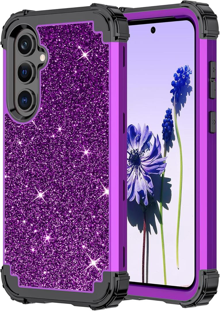 LONTECT for Galaxy A35 5G/A55 5G Case Glitter Sparkly Bling 3 in 1 Shockproof Heavy Duty Hybrid Sturdy High Impact Protective Cover Case 6.6 inch 2024,Shiny Purple/Black