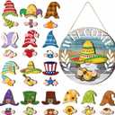 Qunclay Interchangeable Wooden Gnome Decor Holiday Seasonal Gnome Decorations with Magnet Pieces and Detachable Hats Changeable Welcome Sign for Home(Antique Style)