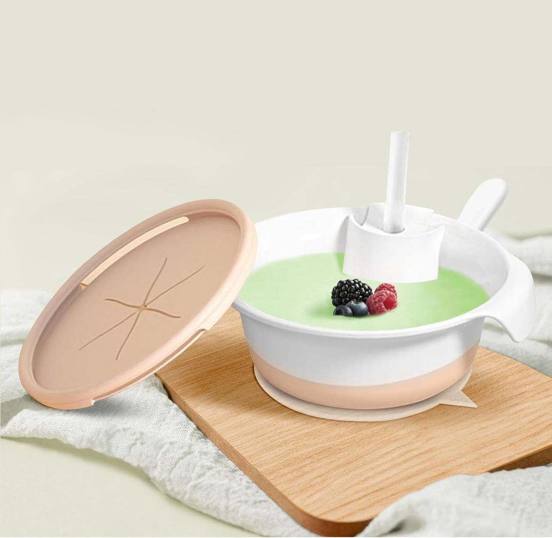 Childlike Behavior 3-in-1 Food Snack Bowl - Baby Suction Plate Set - Self-Feeding Starter Kit Milk with Cereals for Babies with Lid, Training Spoon for Soup - Detachable Suction Foot - Eco-Friendly (Pink)