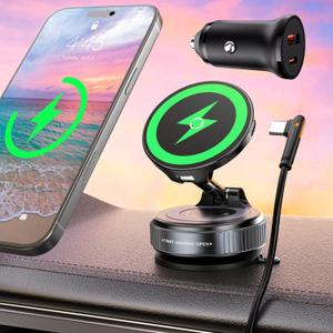 15W for MagSafe Car Mount Charger, Magnetic Wireless Car Phone Holder for iPhone 17 16 15 14 13 12 Pro Max, 360 Adjustable iPhone Charger for Car with USB C Car Charger Adapter