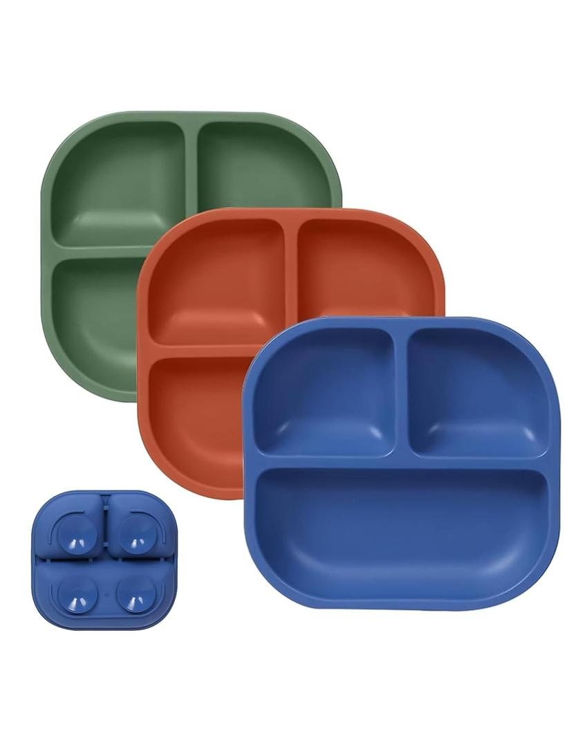BABELIO Powerful Suction Plates for Baby & Toddler, 100% Food Grade Silicone, Divided, BPA Free, Microwave & Dishwasher Safe (2-Moon Blue/Kashmir Green/Bran Brown)