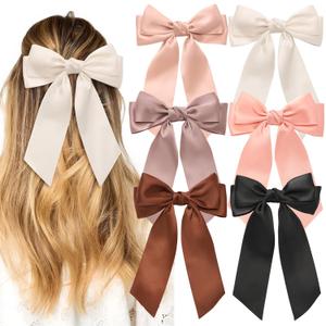6PCS Silky Satin Bows, Cute Clips for Women, Large Bow Clips for Thick Thin Hair, Ribbon Bows, Brown Accessories
