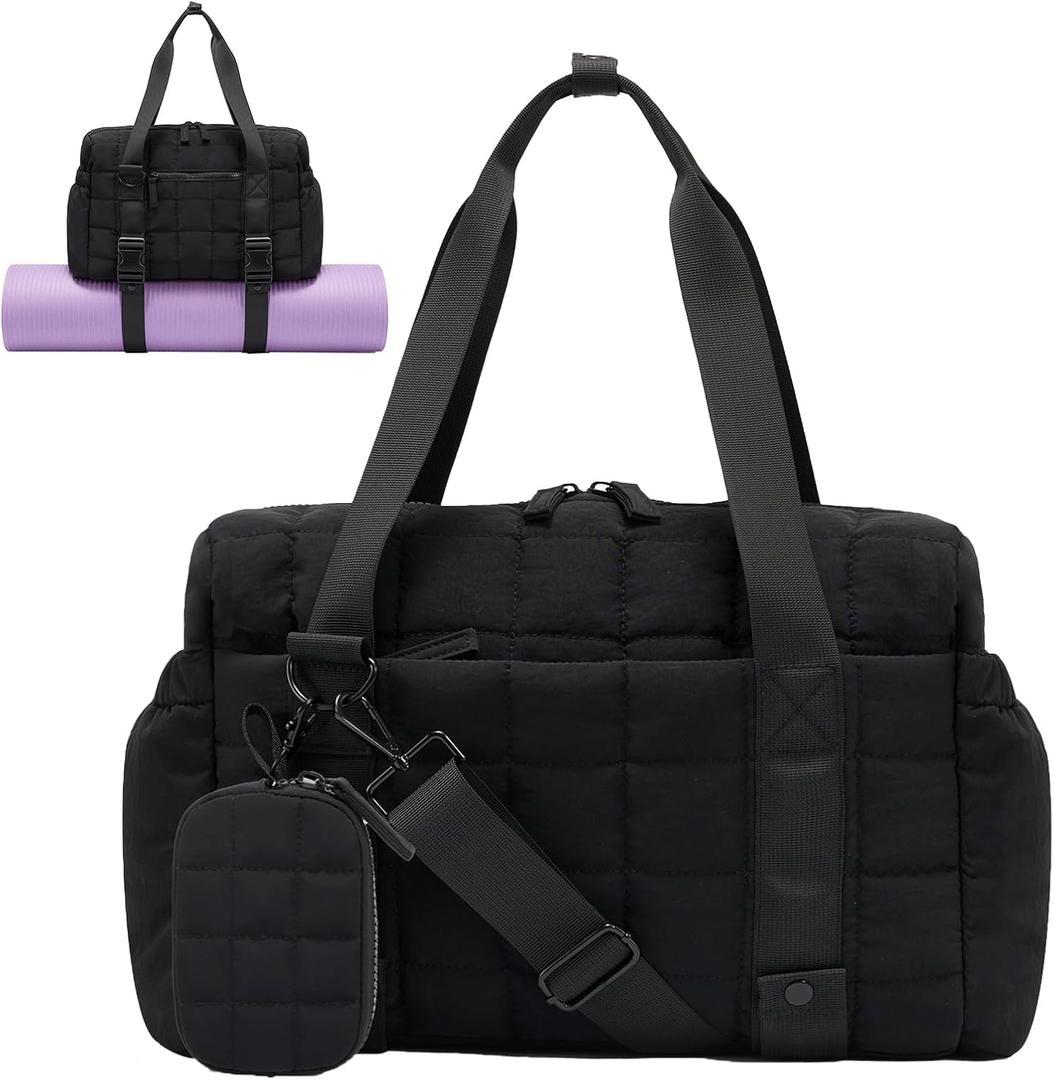 Small Gym Bag for Women, Puffy Sports Duffel Bag with Yoga Mat Holder, Gym Tote Bag with Wet Pocket & Coin Wallet, Carry on Bag for Workout Dance Pilates Ballet Swimming Travel (Black)