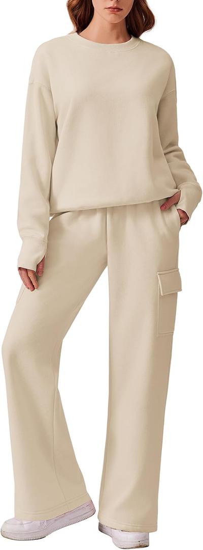 PINSPARK Two Piece Sets for Women Sweatsuit Drawstring Cargo Jogger Sets with 4 Pockets 2025 Airport Outfits Fall Tracksuit (Medium, Beige)