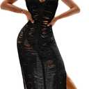 OYOANGLE Women's Crochet Hollow Out Swimsuit Cover Up Deep V Neck Sleeveless Beach Midi Dress Swimwear (Large, Black)