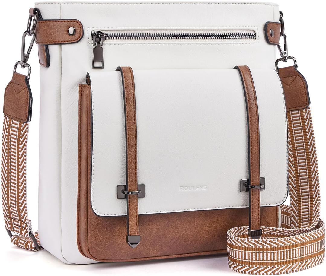 Roulens Crossbody Bags for Women,Multi Pocket Crossbody Purses Vegan Leather Shoulder Handbags Travel Purse Adjustable Strap (Beige/Brown)