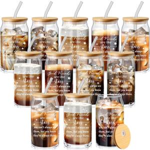 Zhehao 12 Pack Friendship Gifts for Women Friends Glass Cups Bulk Friendsmas Gifts 16oz Iced Coffee Glasses with Bamboo Lids and Straws for Sisterhood Christmas Holiday Birthday Party Favors